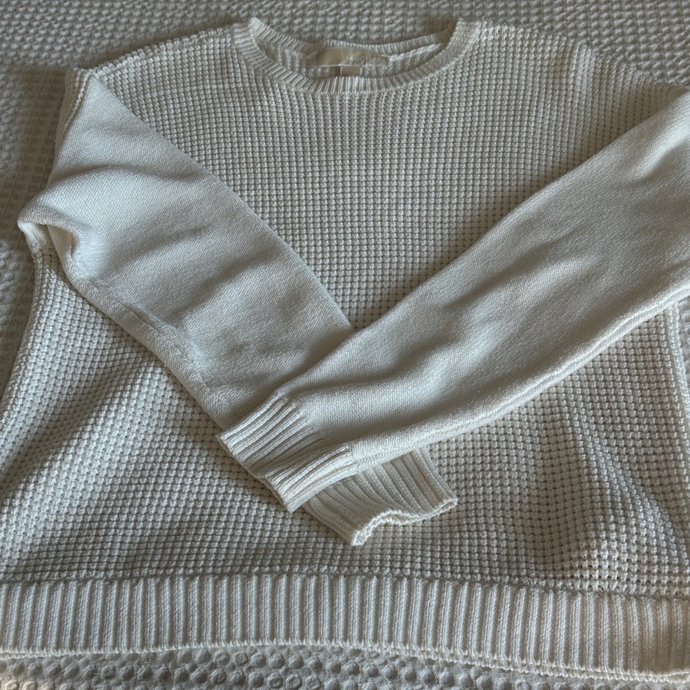 Michael Kors Cream Textured Crew Neck Sweater | Solid Knit Sleeves